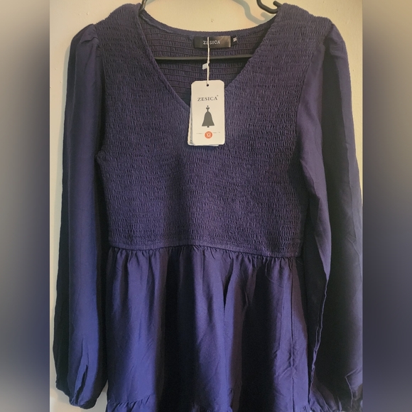 ZESICA Women's Casual Purple V Neck Long Sleeve Smocked Dress - Picture 3 of 5